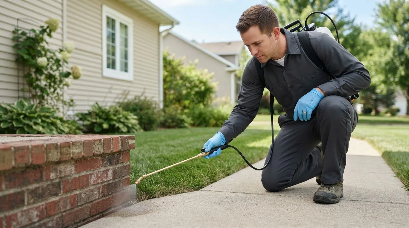 Pest control technician treating a home near Beals, ME