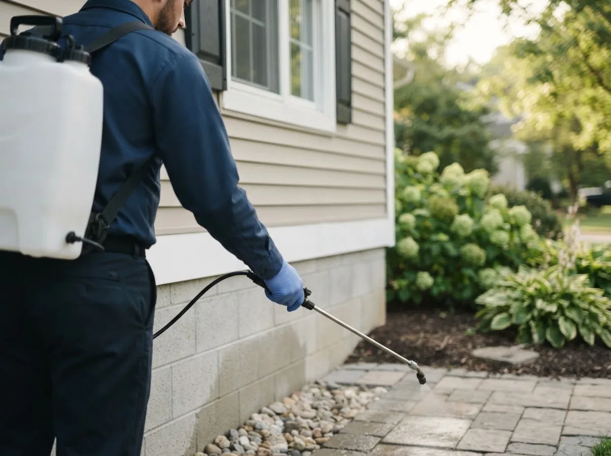 Pest control technician inspecting a home in Beals, ME